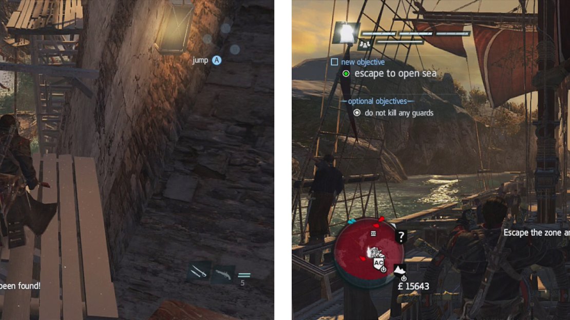 Return back to where you came in from (left) and dive into the water below. Sail out of the area (right) to end the mission.