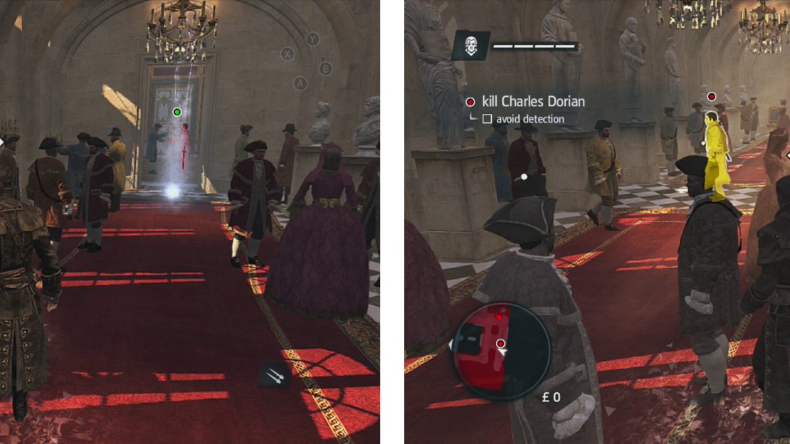 Go to the objective marker at the end of the hallway (left). Then use the crowds to sneak up and kill the target (right).