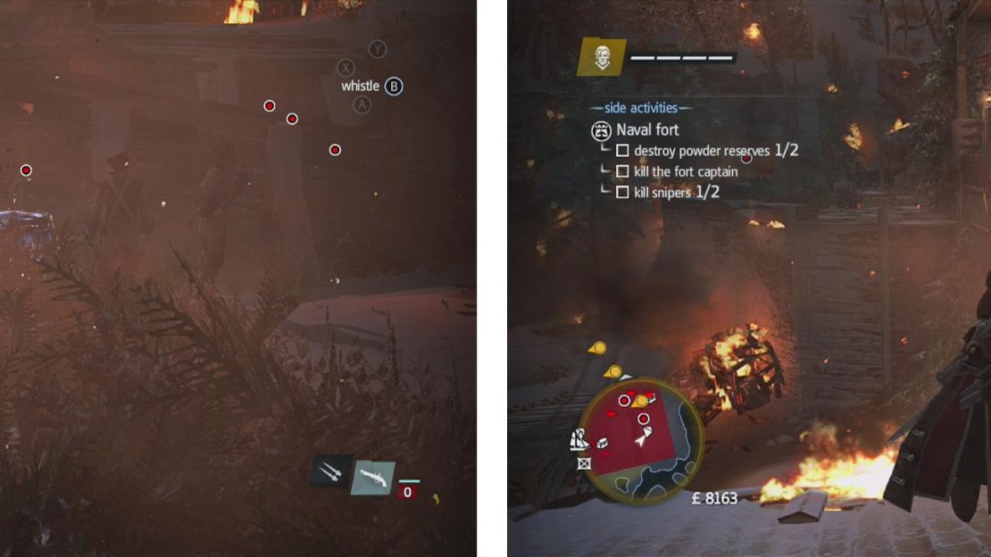 Sneak through the hole in the wall and shoot the powder barrel nearby (left). Cross the rooftops to the second sniper we need to kill (right).