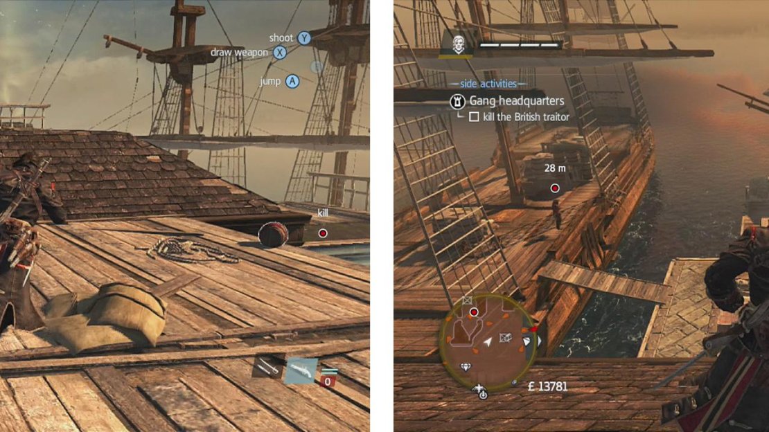 Cut down the flag (left), from here you should see the British traitor we want to kill on the ship (right).