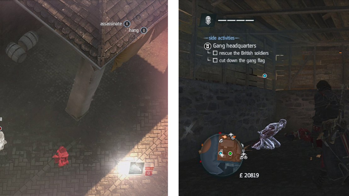 Air assassinate the leader when you get the chance (left). Enter the building below the flag to find and free the hostage (right).