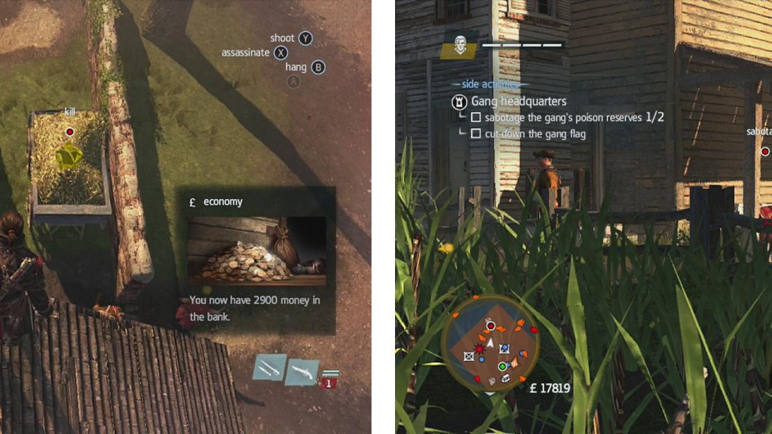 The leader usually hides in the hay stack or shrubs nearby (left). Enter the cane fields to shoot both poison reserve barrels (right).