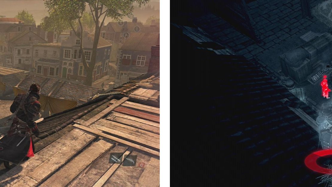 Knock out the snipers before approaching the building with the flag (left). From here look down to see the barrel we need to destroy and the captain (right).