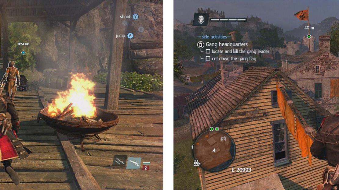Free the British prisoner (left) before climbing to the roofs and making your way over to the flag (right).