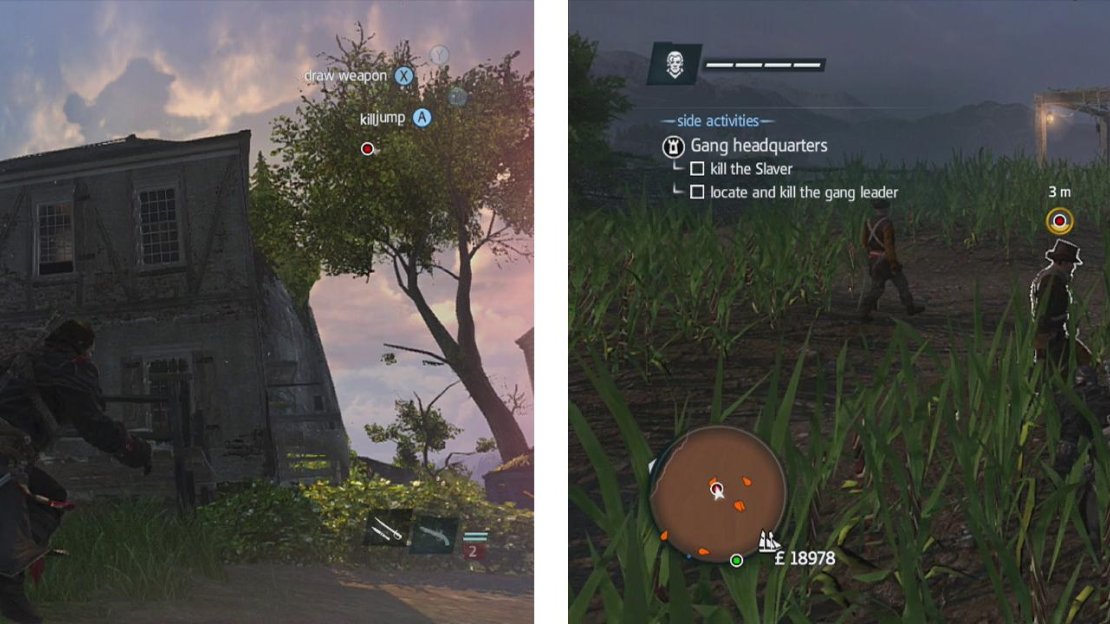 Cut down the flag (left). You’ll find the slaver patrolling about the cane fields in the south (right).