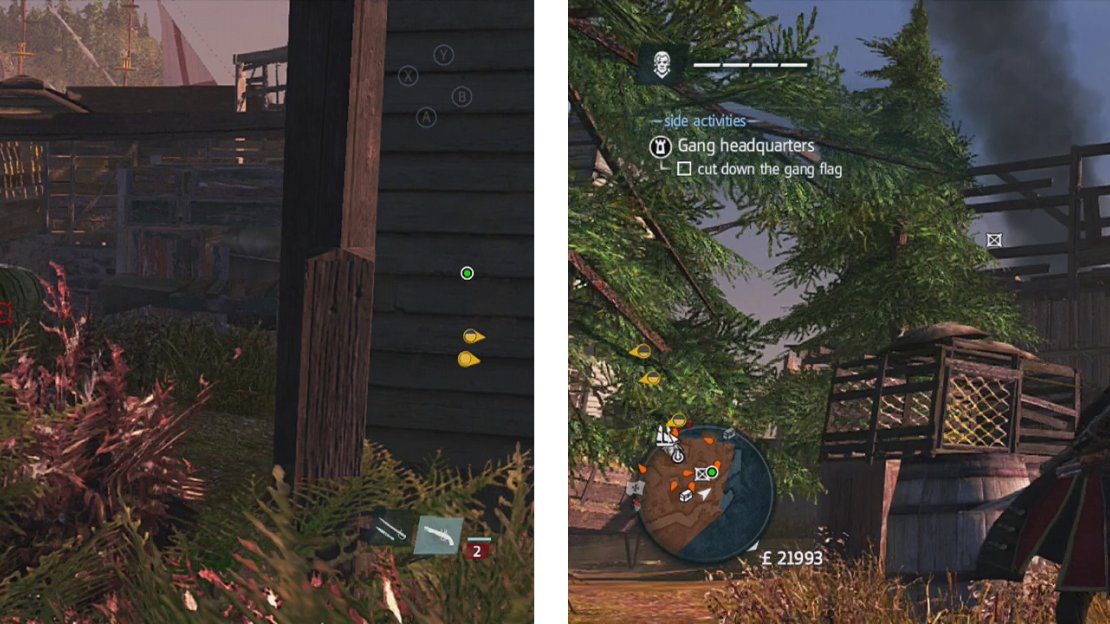 After destroying the second barrel (left), head for the wall with the flag atop it (right).