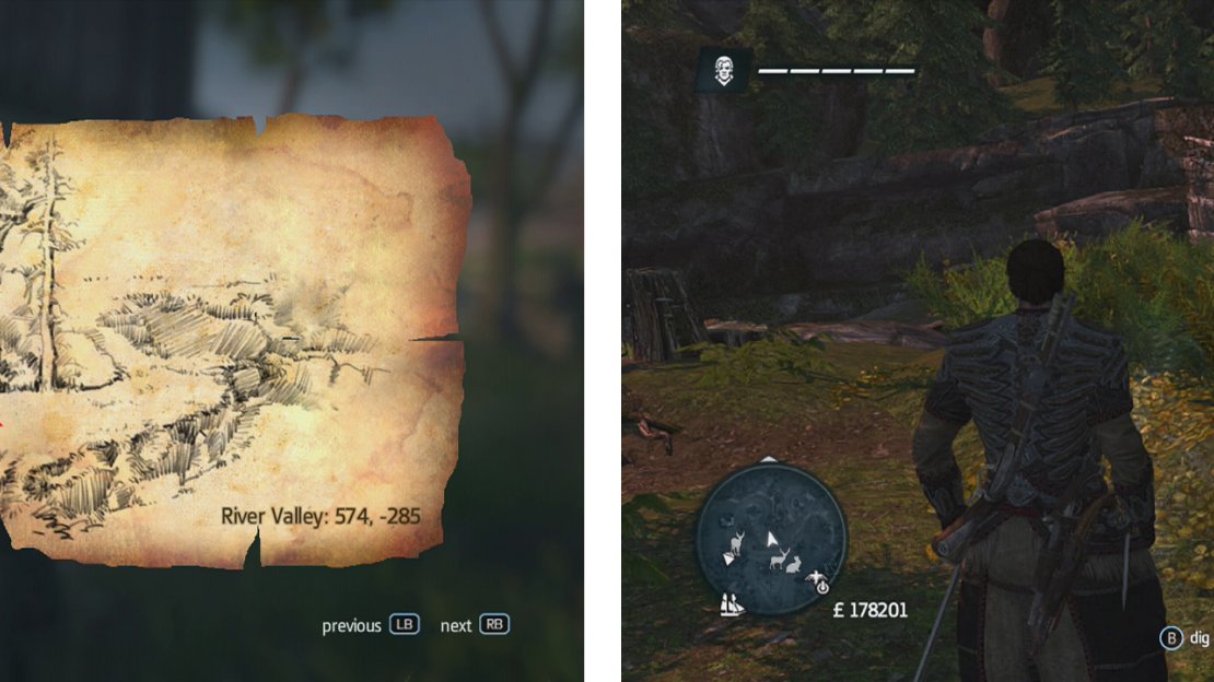 Go to the co-ordinates on the map (left) and find the location drawn (right) to find a dig spot.