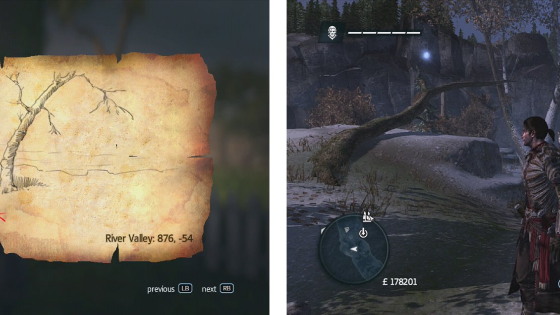 Go to the co-ordinates on the map (left) and find the location drawn (right) to find a dig spot.