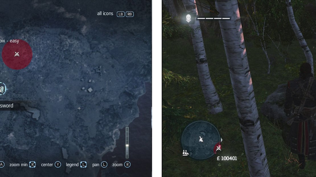 The swod icons on the map (left) indicate a Viking sword fragment. They appear in-game with a blue glow (right).