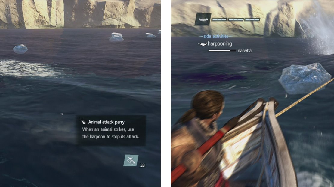 Bubles in the water (left) usually indicate the animal’s location. Once you hit it wit a harpoon, continue to do so as it drags you along (right).