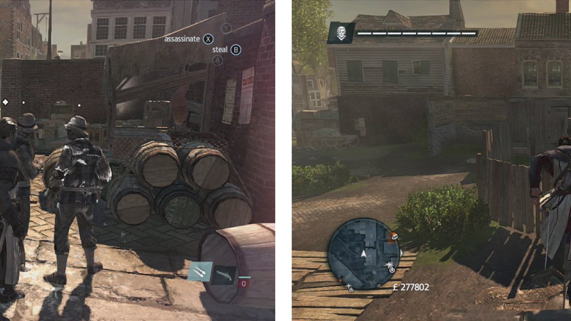 Low profile allows you to blend in with NPCs (left). High profile allows you to freerun (right).