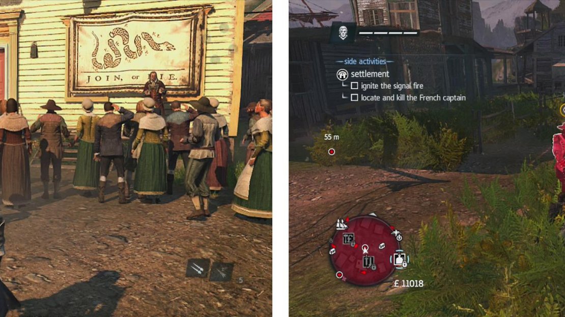 Blend with crowds (left) to hide from guards. Use whistling from hiding areas to kill guards stealthily (right).