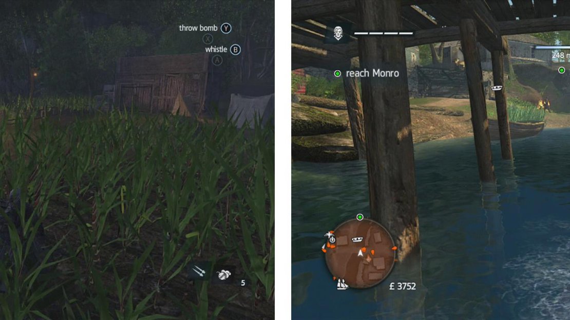 Use stalking zones to move around out of sight (left) and use stealth swim to get by guards undetected (right).