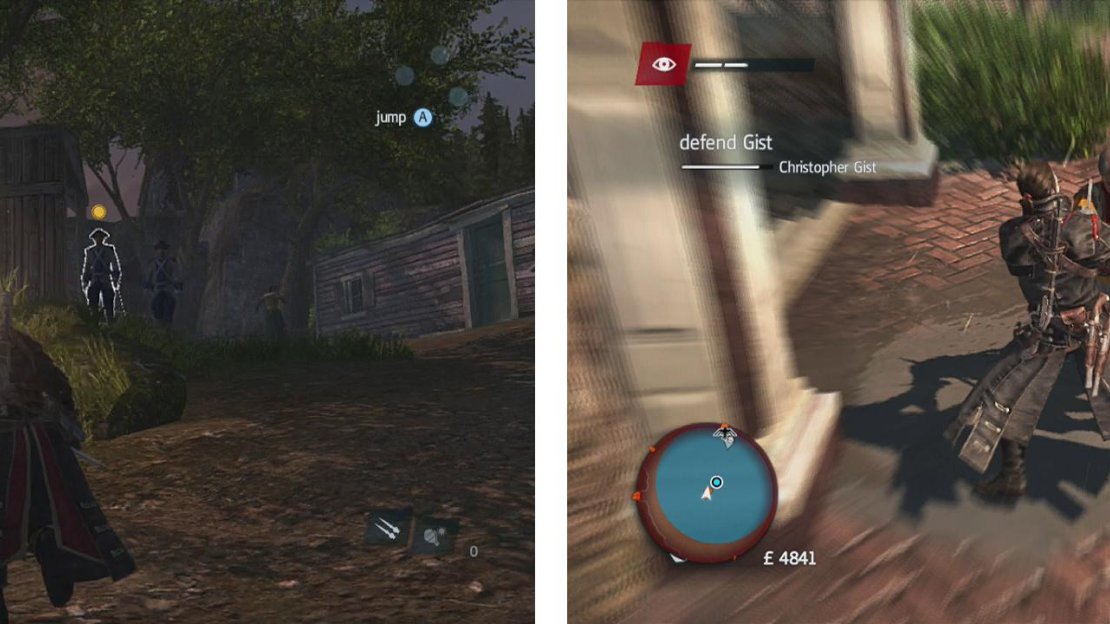 The yellow icon in the top left indicates guards are suspiscious of you (left). Red indicates open combat (right).