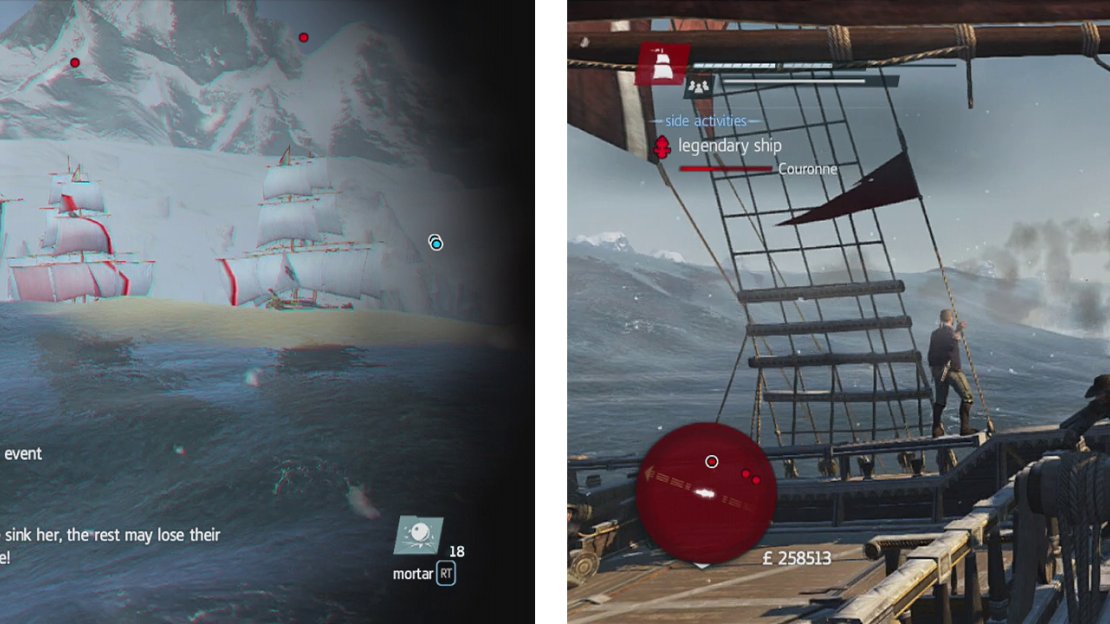 Use mortars to damage multiple ships when the second wave arrives (left). Whilst fighting the Couronne, use mortars (right) and try to be mindful of the wind and icebergs.