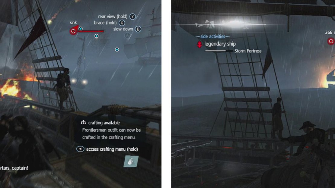 The Storm fortress drops nasty flaming mortars (left) and has a billion guns (right) - so stay away from its sides!
