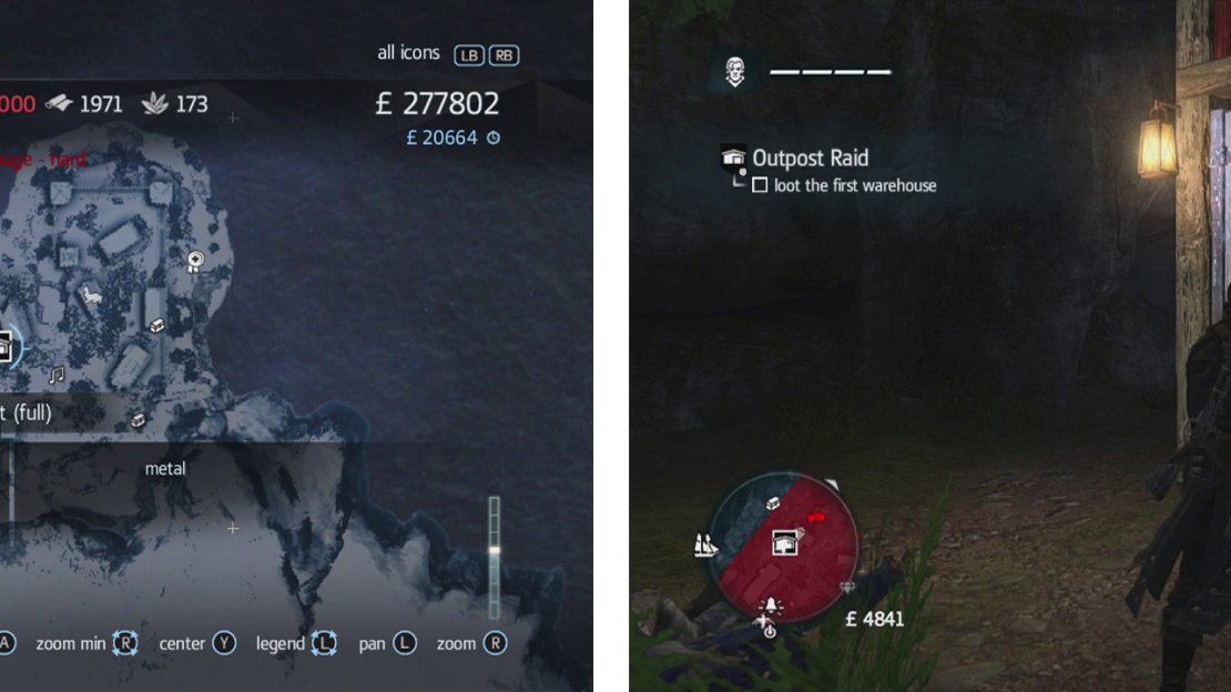 The icon for Outpost on the map (left). Once you have the key to a warehouse, unlock the associated door (right) for resources.