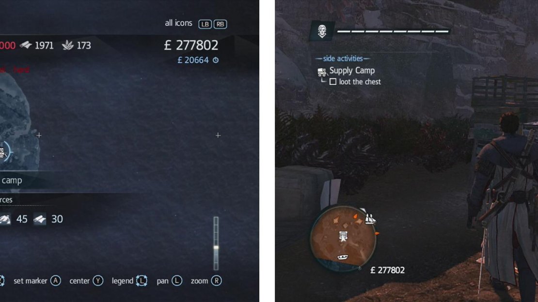The icon for Supply Camps on the map (left) and an example of the marked crate we need to loot in-game (right).