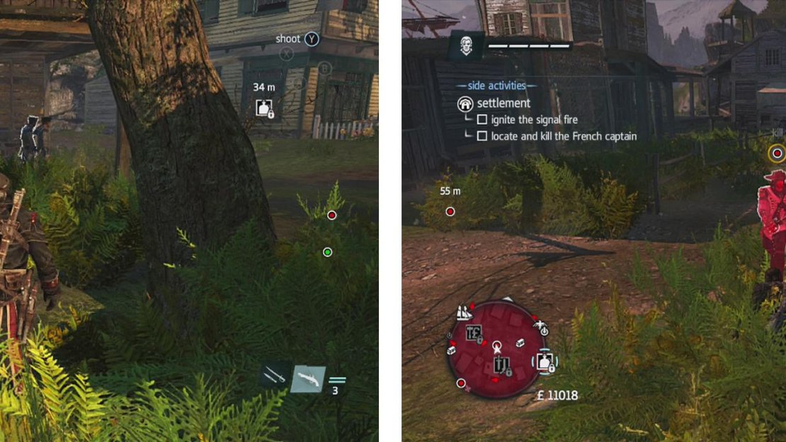 Destroy the barrels (left) and track down the captain (right).