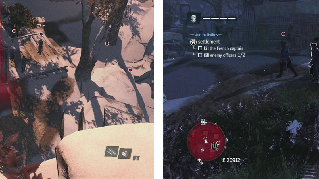 Use a shrapnel grenade to take out the guard and the barrels at once (left). The captain can be found in the main town area (right).