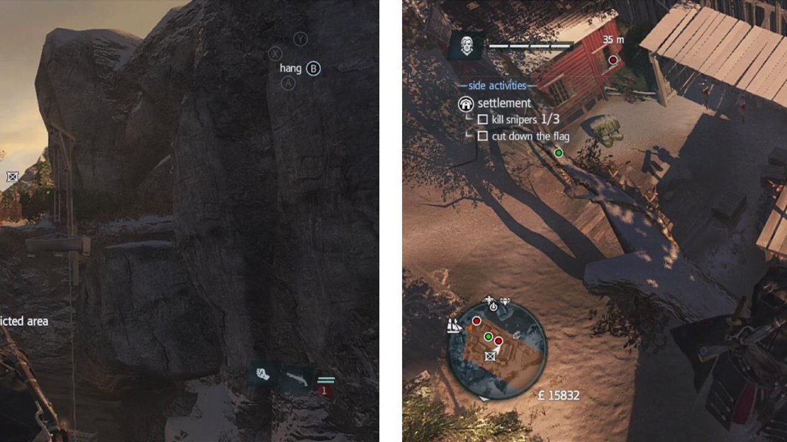 Enter the compund via the northeast corner (left). Take down the second sniper (right) and then drop to the left and cut down the flag below.