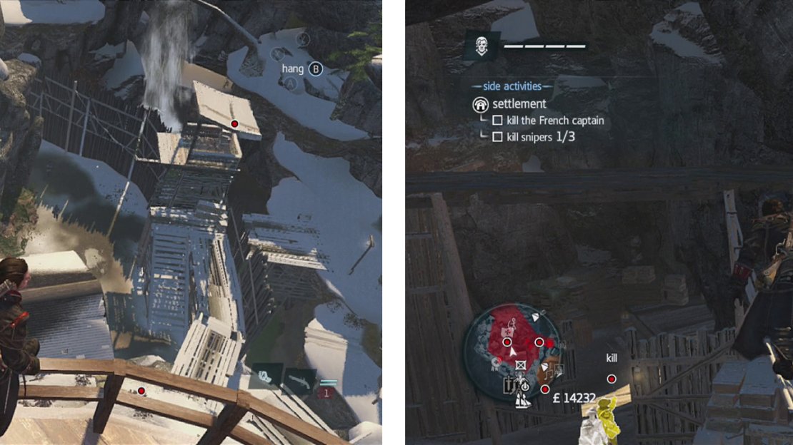 From the viewpoint you can make out the first two snipers (left). The captain patrols below them (right).