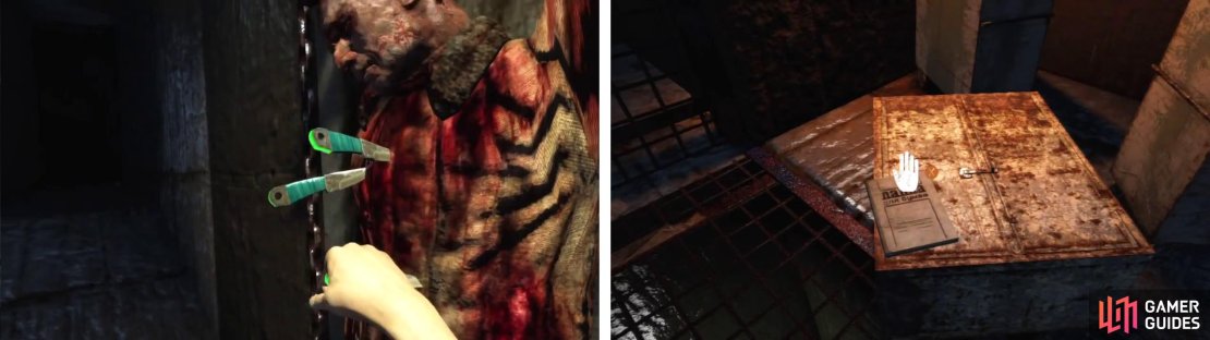 After dropping into the room, grab some throwing knives (left) and pick up the Diary Page opposite (right).