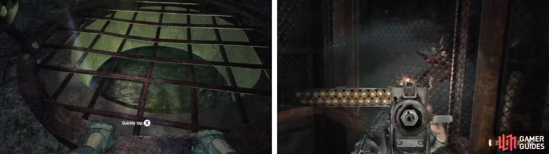 Follow Pavel down the grating in the floor (left) and then defend the lift (right) from the spiders that jump aboard.