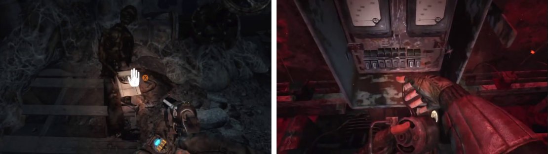 As you go through the spider-filled tunnel, grab the diary Note (left) on your way to the powerboard we need to activate (right).