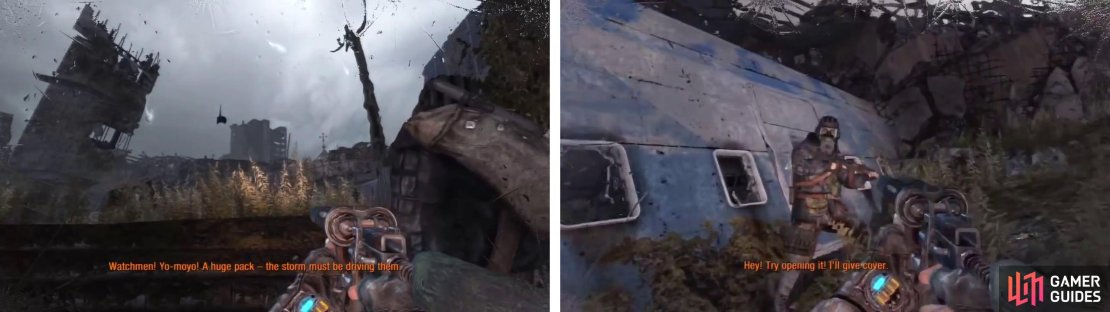After waiting of rhte watchment to pass (left), exit the subway and make your way to the crashed plane.