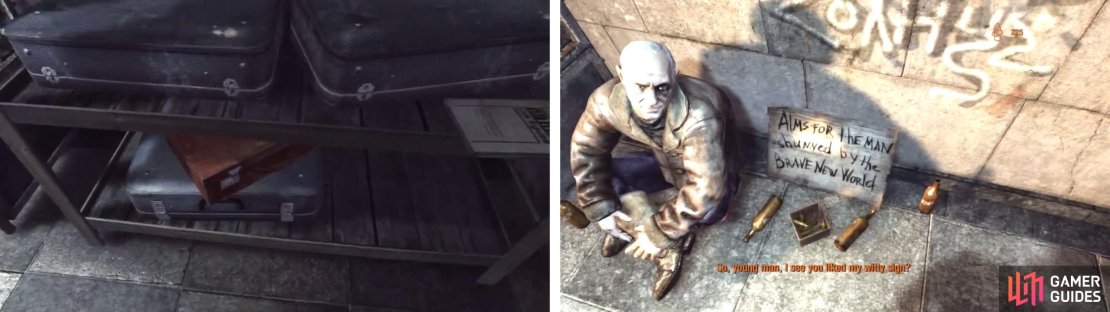 After being let through, look on the shelf to the left for a Diary Page (left). Keep an eye yout for the homeless guy in the area (right) and give him a bullet for a Morality Point.