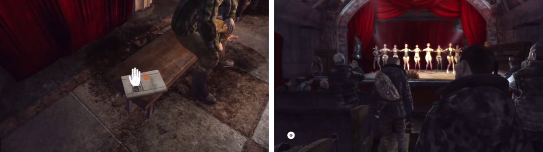 Grab the Diary page from the bench outside the theater (left). Watch the entire show once inside for an achievement/trophy and a morality point.