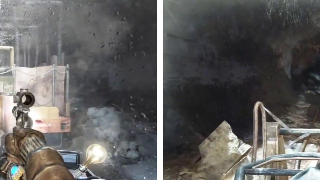 Push the rail car along the track (left), and shoot the watchmen that approach from behind (right). Keep them off the car for an achievement/trophy.