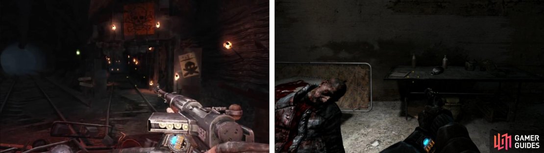 The fire-lined track indicates the entrance to the bandit basre (left). inside you will find a Diary page (right) and hostages to rescue.