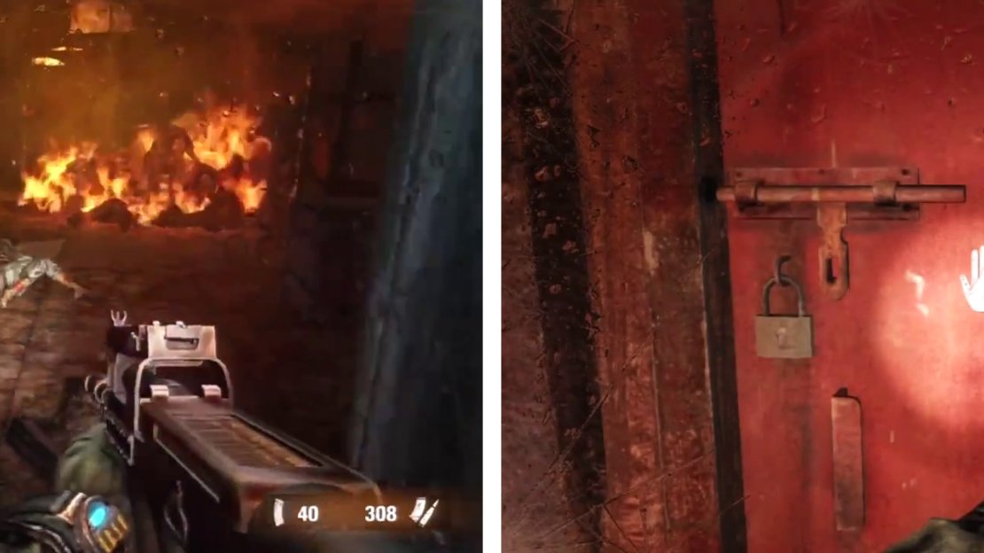 Continue through the firey hole in the wall. Interact with the door at the far end for a scene.