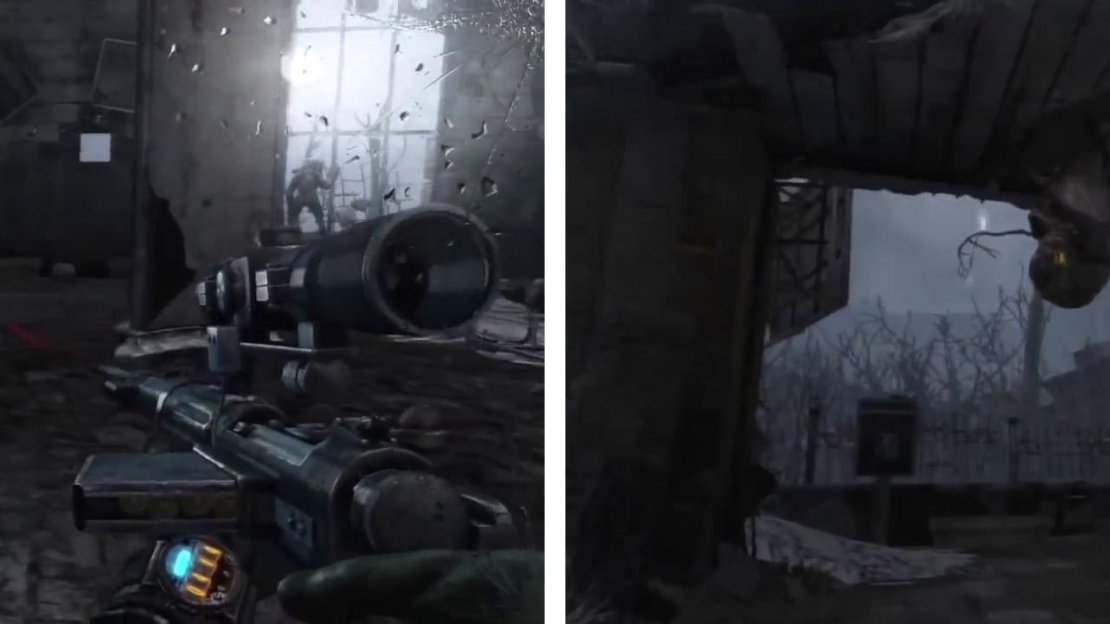 After heading up the escalator, continue to sneak across the bridge. Watch out for the hanging enemies (right).