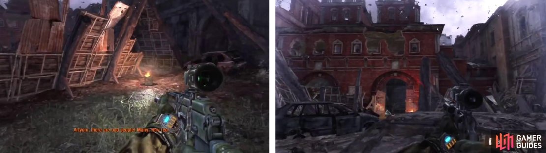 Use the makeshift barricades as cover to take out the enemies that come. Enter the red building when the bad guys stop coming (right).
