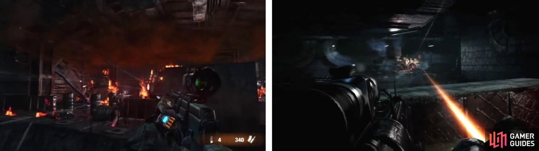Stay behind cover (left) until the tank shows up across the gap (right), then you’ll need to take it out by shooting the red parts.