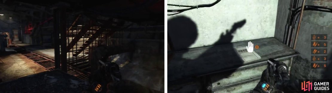 Climb this set of stairs (left) and enter the room at the top to find a Diary Note (right).