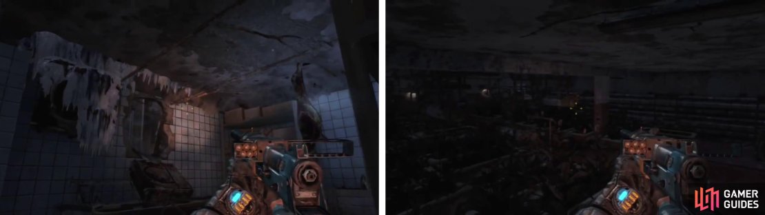 Climb the ramp in the tiled area and then sneak across the planter-filled area to reach the second group of enemies.