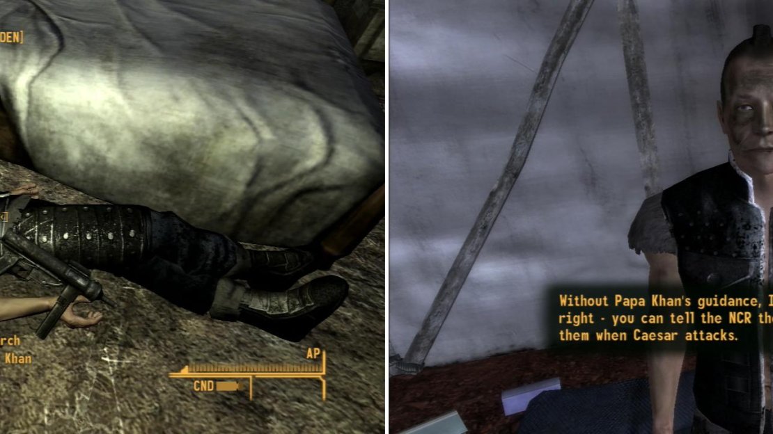 Assassinate Papa Khan at night in his room without being detected (left) and Regis, the new leader of the Khans, will side with the NCR (right).