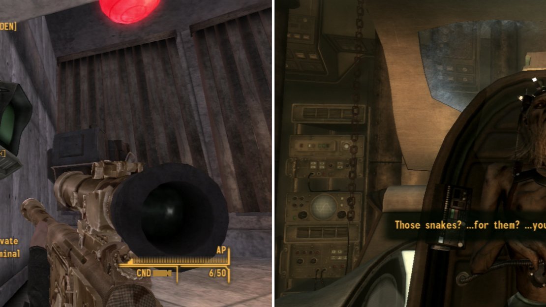Break into Mr. House’s antechamber by using the Terminals in his Penthouse (left). Confronted, Mr. House has some… unkind words for you and the NCR (right).