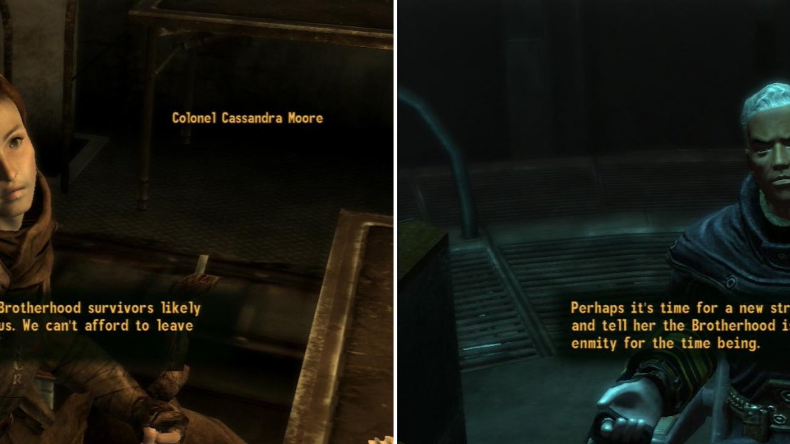 Colonel Cassandra Moore will pooh-pooh the idea of an NCR/Brotherhood alliance (left), but if you kept Elder McNamara in charge, such an outcome is easy enough to put into effect (right).