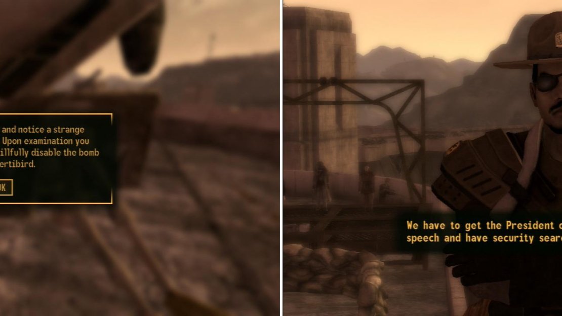 After an Engineer tampers with the President’s vertibird, disarm the bomb placed on it (left) and tell Ranger Grant to cut short the President’s visit (right).