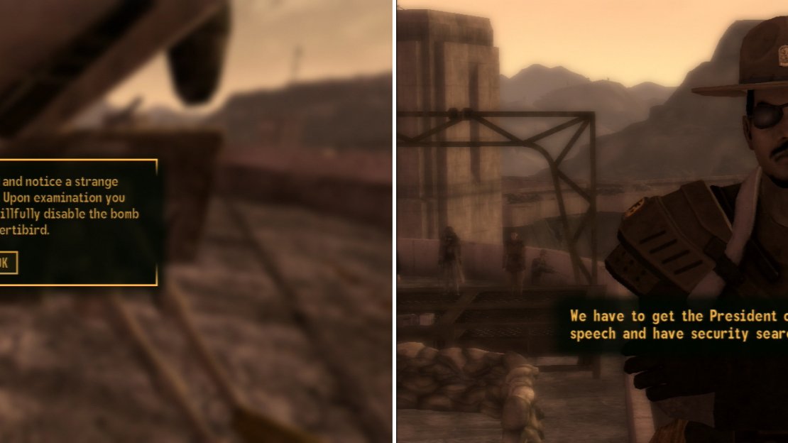 After an Engineer tampers with the President’s vertibird, disarm the bomb placed on it (left) and tell Ranger Grant to cut short the President’s visit (right).