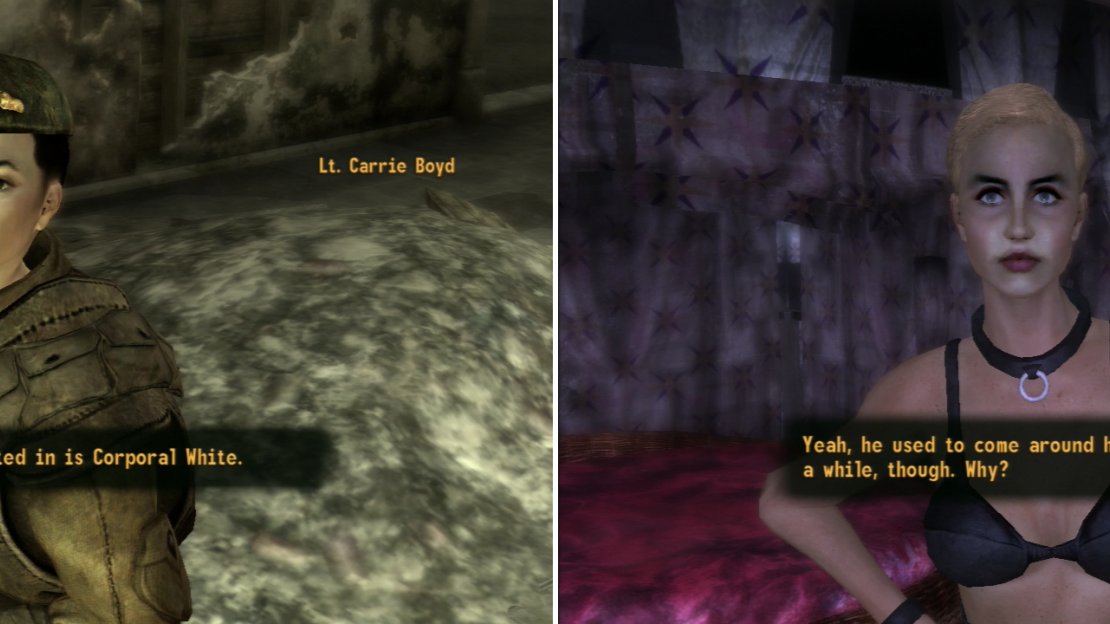 Ask Boyd about the missing people and she’ll tell you about Corporal White (left), after which you’ll have to talk to Dazzle, his favorite prostitute at Gomorrah (right).
