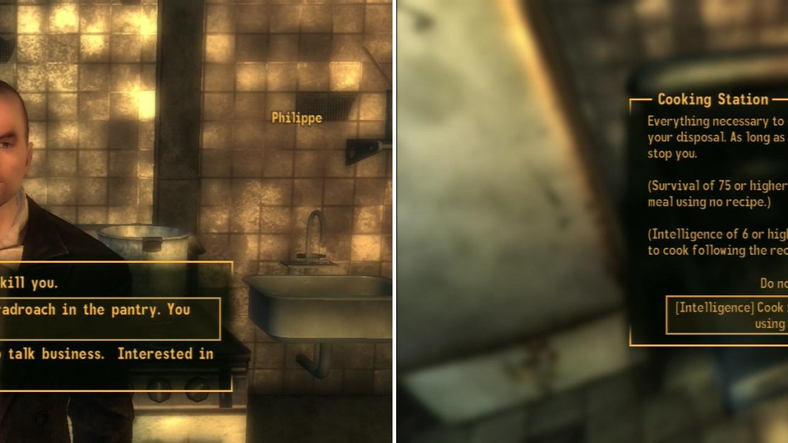 There are many ways to deal with Phillipe, including violence, trickery and various Speech checks (left). Once he’s gone cook a fake human dish (right).