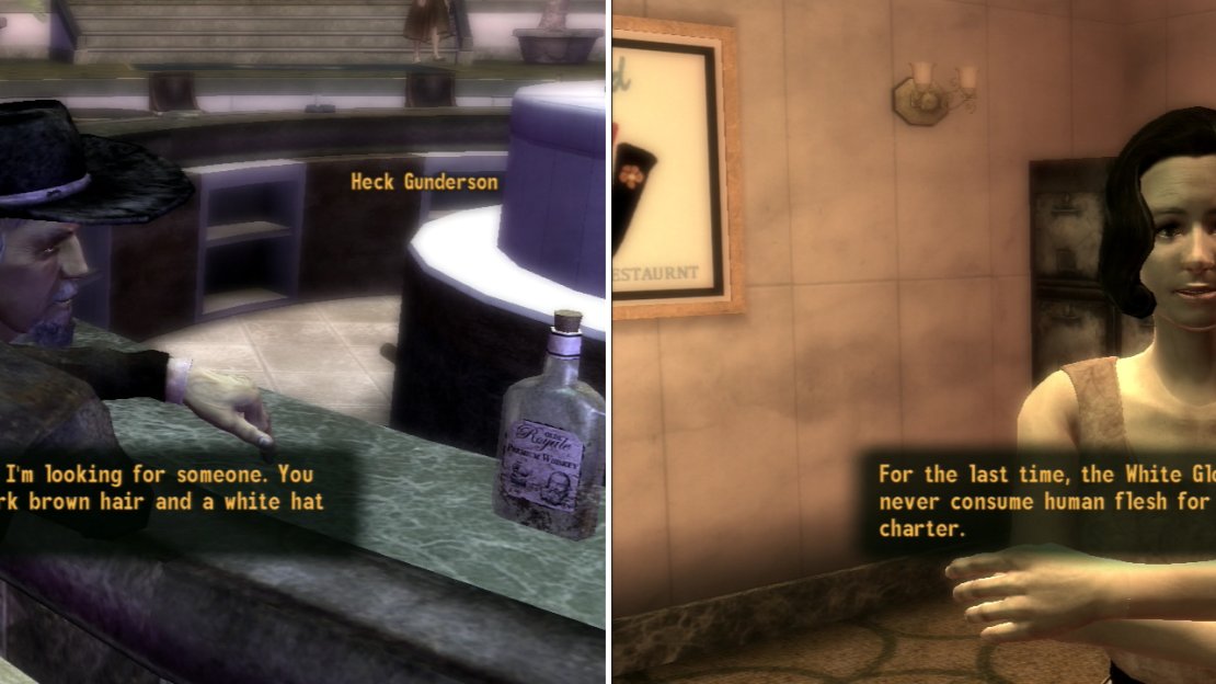Talk to Heck Gunderson to learn about his missing son (left), then talk to Marjorie about it, who will randomly deny rumors of the implication that the White Gloves are cannibals (right).