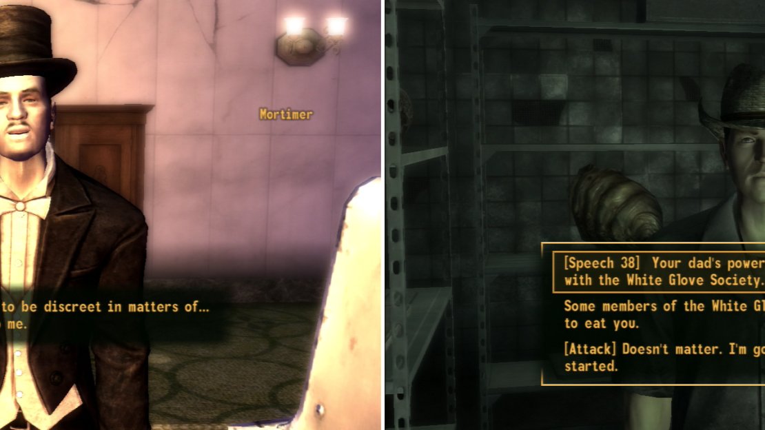 Gain Mortimer’s trust by passing a Speech check or by having the Cannibal perk and he’ll tell you about Heck’s son (left). Rescue Heck’s son and convince him the White Gloves aren’t responsible to keep Mortimer’s plot intact (right).