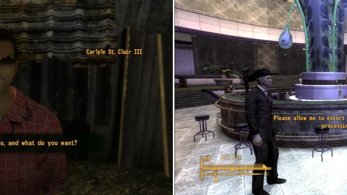 Find Carlyle St. Clair III north of New Vegas, who can be pacified intact in many, many ways (left). If you splash some of Ted’s blood around Heck’s room then tell a Securitron, you can frame Heck and draw suspicion away from the White Gloves (right).